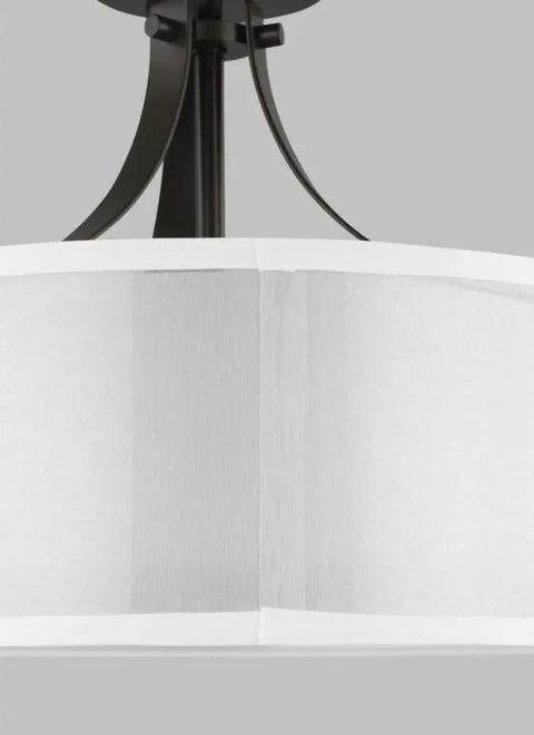 Close-up of Elmwood Park Two Light Bronze Semi Flush Ceiling Fixture with off-white organza silk shade.