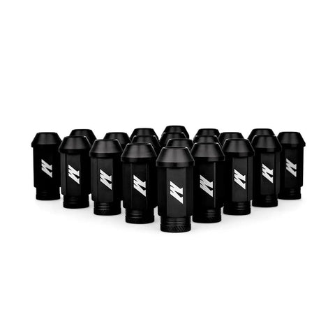 Aluminum Locking Lug Nut Set M12x1.25 With Non Marring Sockets 20 Pieces Conical Seat Design Fits OEM And Aftermarket Wheels Crafted From 7075 T6 Aircraft Grade Aluminum Lifetime Warranty arranged in a row, showing black finish and logo
