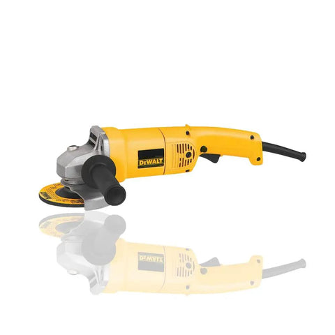 A yellow Beefy 5-Inch Angle Grinder With 5-Amp Motor For Fast Material Removal 11000 RPM Pro-Grade Power-To-Weight Ratio Adjustable Guard.