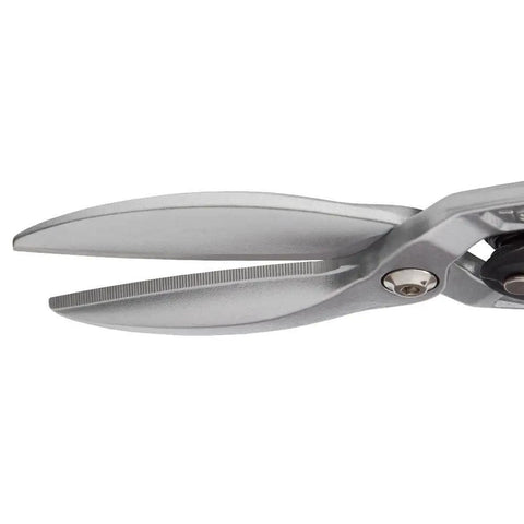 Heavy Duty Long Cut Aviation Snips With Rock Solid Chrome Blades Bolt Lock Tech close-up of chrome blade design for smooth cutting.
