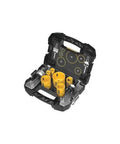 DEWALT Bi-Metal Hole Saw Kit, front view in open case; yellow saws of various sizes with arbors.