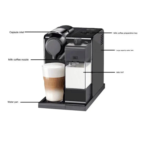 Straight Up Professional Coffee Machine With Built In Grinder And Instant Heat For Barista Style Drinks No Fuss Automatic Self Clean Stainless Steel Kitchen Appliance For House Or Office, showing milk coffee nozzle and capsule inlet.