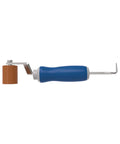 Everhard Roll-N-Chek silicone seam roller with tester probe, blue handle, brown roller, side view