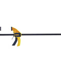 Heavy Duty Trigger Clamp With A 24 Inch Bar, Large Clamp for quick, strong holds, durable steel, wide jaw, yellow and black design.
