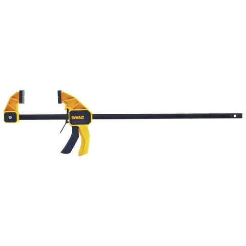 Heavy Duty Trigger Clamp With A 24 Inch Bar, Large Clamp for quick, strong holds, durable steel, wide jaw, yellow and black design.