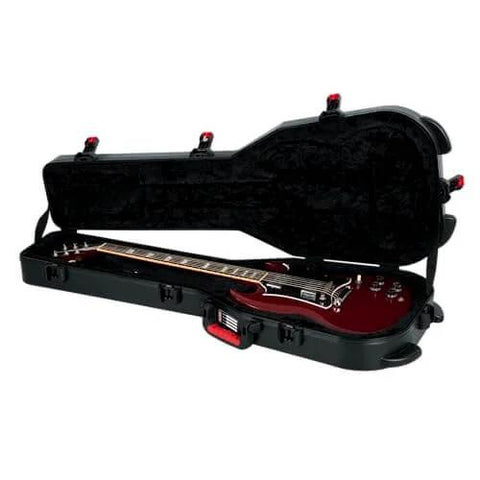 Open Molded Flight Case For SG Style Double Cutaway Guitars With ATA Roto-Molded Polyethylene Shell TSA Lock, red triggers, and plush interior.