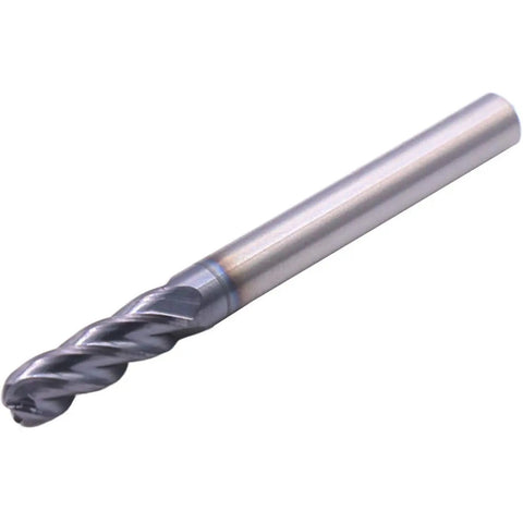 Pro Grade Solid Carbide Ball Nose End Mills Set, Five Pieces, AlTiN Coated, Four Flute, 30 Degree Helix, cutting tool close-up.