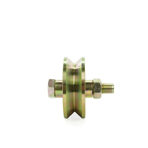 Two Pack Three Inch V Groove Gate Rollers With Double Sealed Bearings, side view showing thick steel wheels and a metallic finish.