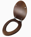 Built Tough Elongated Solid Wood Toilet Seat With Soft Close Hinges Thickened Natural Bark Veneer Cover open with chrome hinges.