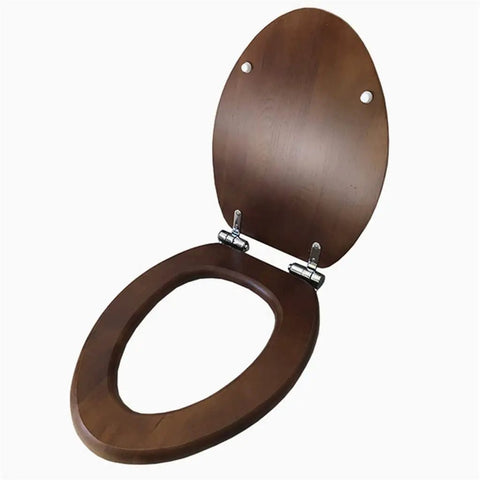Built Tough Elongated Solid Wood Toilet Seat With Soft Close Hinges Thickened Natural Bark Veneer Cover open with chrome hinges.
