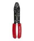 American Made Multi Tool Wire Stripper Cutter And Crimper For 8-22 AWG with red handles, showing wire gauge markings.