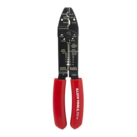 American Made Multi Tool Wire Stripper Cutter And Crimper For 8-22 AWG with red handles, showing wire gauge markings.