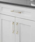 Premium Brushed Nickel And Gold Cabinet Pulls Set Ten Pack For Kitchen Cabinets Cupboards And Dressers Eight And Thirteen Sixteenths Inch Length Six And One Quarter Inch Center To Center With Included Screws For Easy Install installed on white cabinets.
