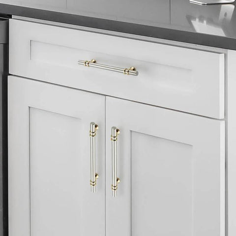 Premium Brushed Nickel And Gold Cabinet Pulls Set Ten Pack For Kitchen Cabinets Cupboards And Dressers Eight And Thirteen Sixteenths Inch Length Six And One Quarter Inch Center To Center With Included Screws For Easy Install installed on white cabinets.
