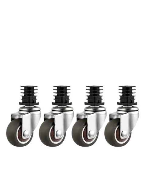 Pack Of Four 1.5 Inch Beefy Stainless Steel Silent Brake Casters For Universal Racks, shown in a line, heavy duty wheels