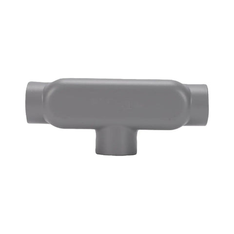 Built Tough T Type Conduit Body 3/4 Inch Electrical Metal Tubing Adapter in gray, featuring smooth surfaces for easy installation.