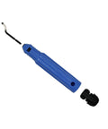 Blue deburring tool with anti-slip handle and curved metal blade; black cap shown separately.