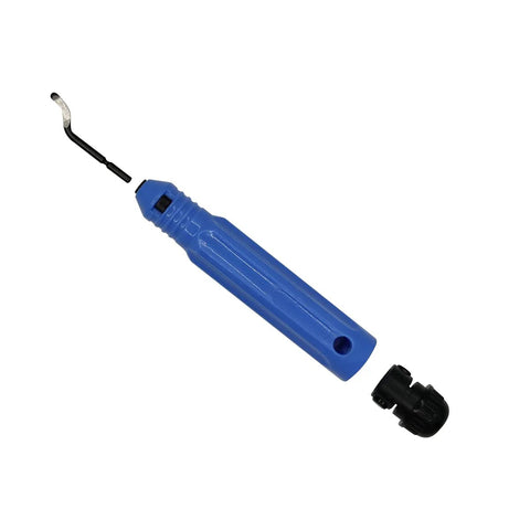 Blue deburring tool with anti-slip handle and curved metal blade; black cap shown separately.