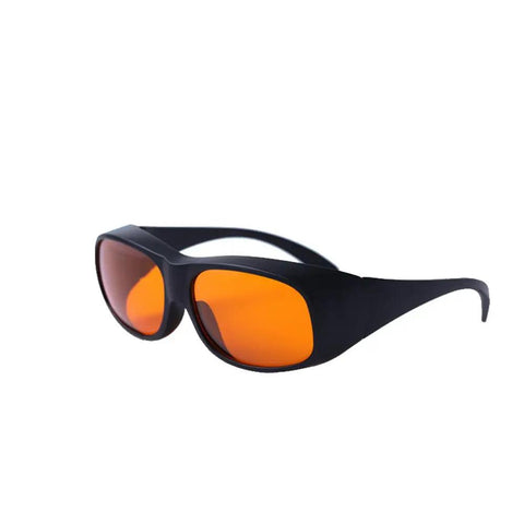 Heavy Duty Laser Safety Glasses With Top Shelf OD5 Protection Covering 180 To 540 Nm Wavelengths Clear Lens side view with orange lenses.