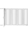 Five Panel Aluminum Folding Glass Door In White With Low E Tempered Glass And Heavy Duty Rollers, opened view.