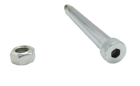 Truck Grade Retaining Shoulder Bolt Kit For 10K 12K Trailer Brake Hydraulic Caliper With Locking Nut Hard Chrome Finish 5 Inch By 5/8 Inch Bolt And 1/2 Inch 13 Threaded Section Compatible With Hydraulic Disc Brake Axles. Shoulder bolt and locking nut on white background
