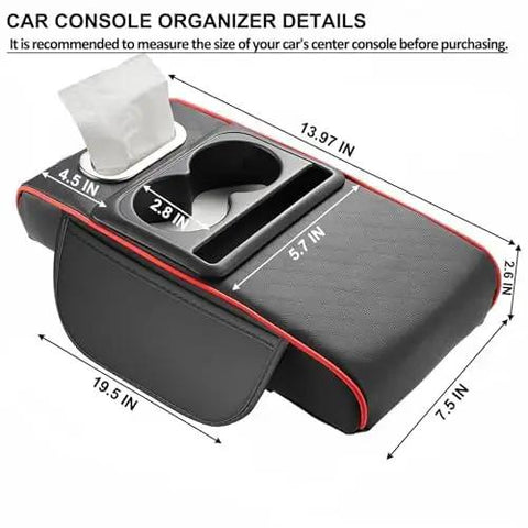 Waterproof Faux Leather Armrest Box Mat With Dual Cup Holders, Phone Slot, Tissues, Side Pockets, Elastic Straps, And Absorbent Cup Coaster, Quilted Elbow Rest For Long Drives, Keeps Your Ride Clean, Organized, And Comfy. 19.5 x 7.5 in