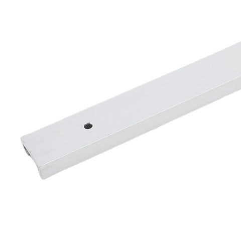 Close-up of Aluminum T Track Miter Slot Jig 48 Inch With Double Cut Profile, predrilled hole visible, heavy-duty aluminum alloy.