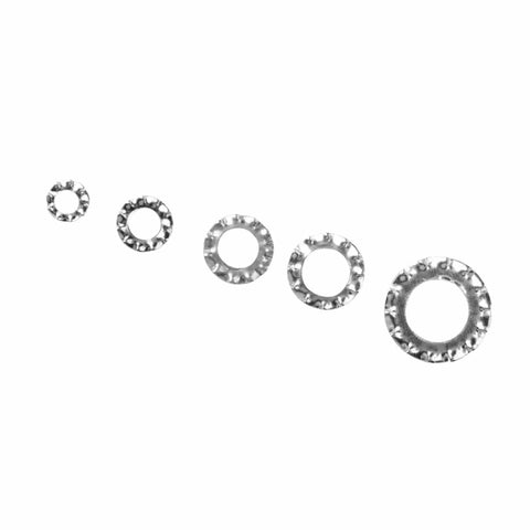 Various sizes of the 700 Piece Galvanized Toothed Washer Set Including Flat And Lock Washers M3 To M8 Assortment Kit displayed