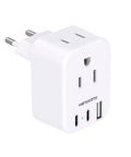Front view of white HANYCONY travel plug adapter with 2 outlets and USB ports.
