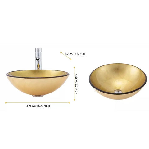 Bathroom Vessel Sink,Tempered Glass Sink Yellow Round Wash Basin Bowl, Artistic Vanity Sinks With Chrome Faucet And Pop Up Drain dimensions 42x14.5cm