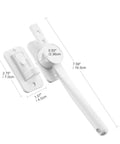 Rock Solid Adjustable Door Finger Pinch Guard, No Sweat Baby Proof Latch in white with dimensions for easy installation.