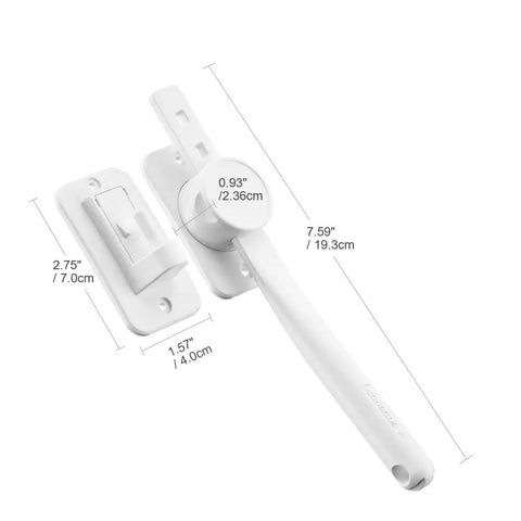 Rock Solid Adjustable Door Finger Pinch Guard, No Sweat Baby Proof Latch in white with dimensions for easy installation.