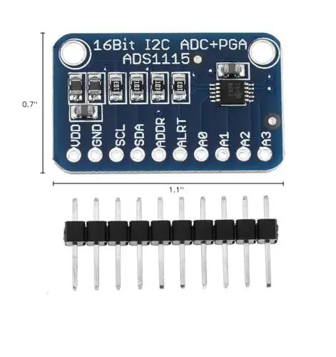 16-Bit I2C ADC Development Board for Microcontrollers with ADS1115, soldered pins, 860 samples per second, top view with dimensions