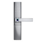 No Fuss Smart Door Lock With Silent Handle And Touch Screen Fingerprint Keyless Entry. Close-up of silver handle and keypad design.