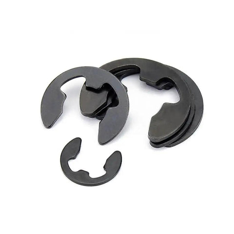 Check Out These Super Cool 65Mn Black Steel E-Clip Circlips In 10 To 100 Pack Sizes, featuring various sizes of black steel clips.