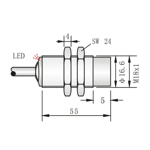 Technical diagram of Built Tough M18 High Temperature Inductive Proximity Sensor IP67 Waterproof with metal body and PTFE probe.