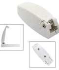 Universal Heavy Duty Trailer Door Catch Bracket With Spring Loaded Hinge For Latch Closure, white plastic design with spring mechanism.