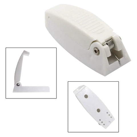 Universal Heavy Duty Trailer Door Catch Bracket With Spring Loaded Hinge For Latch Closure, white plastic design with spring mechanism.