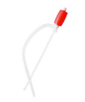 Heavy Duty Manual Hand Siphon Pump with red handle and clear tube for quick fuel extraction from trucks and sedans.