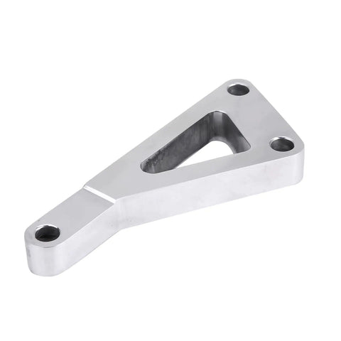 Polished aluminum piece from Chevy SBC 350 Polished Aluminum Alternator Bracket Kit With Short Water Pump Mount Upper Passenger Side Bolt On