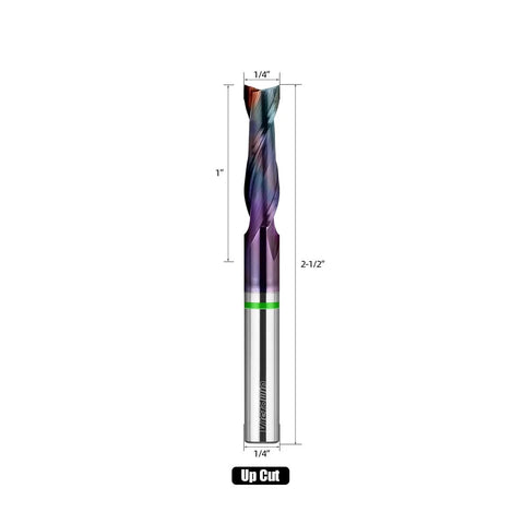 1/4 Inch Shank Upcut Spiral CNC Router Bit With 2 Flutes, 1 Inch Cutting Depth, 2-1/2 Inch Overall Length, front view