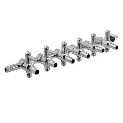 Heavy Duty Six Way Inline Manifold Air Flow Control Valve With Slick Lever Adjustment For Aquarium Tanks And Fish Bowl Aeration Systems Hella Reliable Copper Nickel Tubing Splitter Two Pack shown from the side with multiple ports.
