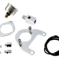 Twin Cam oil pressure gauge kit components: metal mounting bracket, sender, fittings, tubing and hardware.