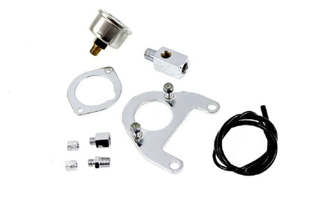 Twin Cam oil pressure gauge kit components: metal mounting bracket, sender, fittings, tubing and hardware.