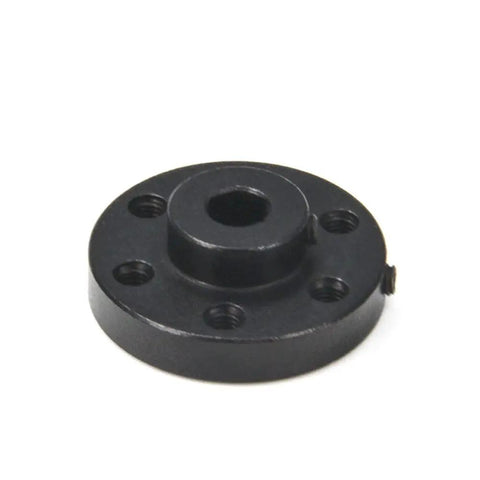 Two Pack Black Rigid Flange Shaft Coupling Universal Aluminum Mounting Hub For 5MM Shafts With M3 Threads, close-up view.