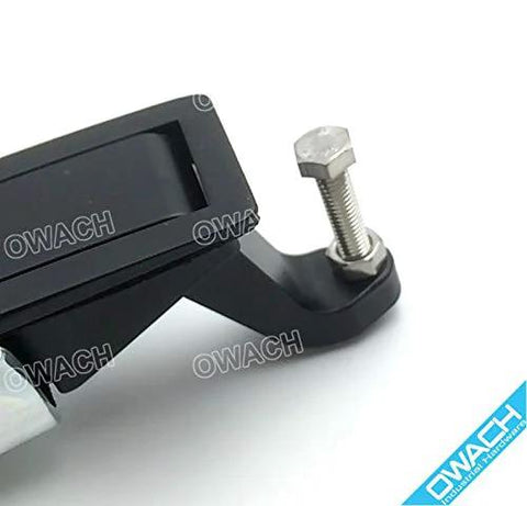 OWACH compression latch, black aluminum body with flush lever and mounting bolt (front view)