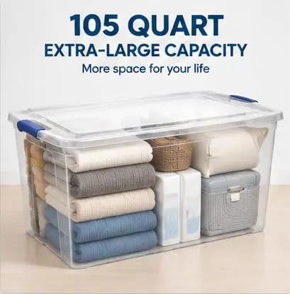 Heavy Duty 105 Quart Storage Bin With Secure Snap Latches And Clear Base Keeps Bedding And Sports Gear Safely Stacked Away In A Fly Blue Container That Makes Home Organization A Real Game Changer, filled with blankets and baskets.