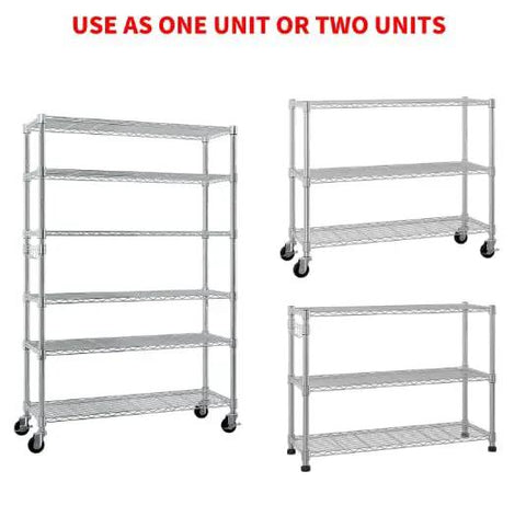 Rock Solid Six Tier Wire Shelving Rack With Wheels Dang Sturdy Heavy Duty Metal Storage Cart Fully Adjustable Steel Frame in silver.