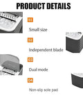 Detailed features image of Kick Ass Portable Countertop Ice Maker Machine showing small size, independent blade, dual mode, and non-slip pad.