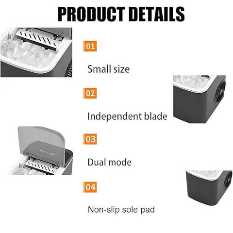 Detailed features image of Kick Ass Portable Countertop Ice Maker Machine showing small size, independent blade, dual mode, and non-slip pad.